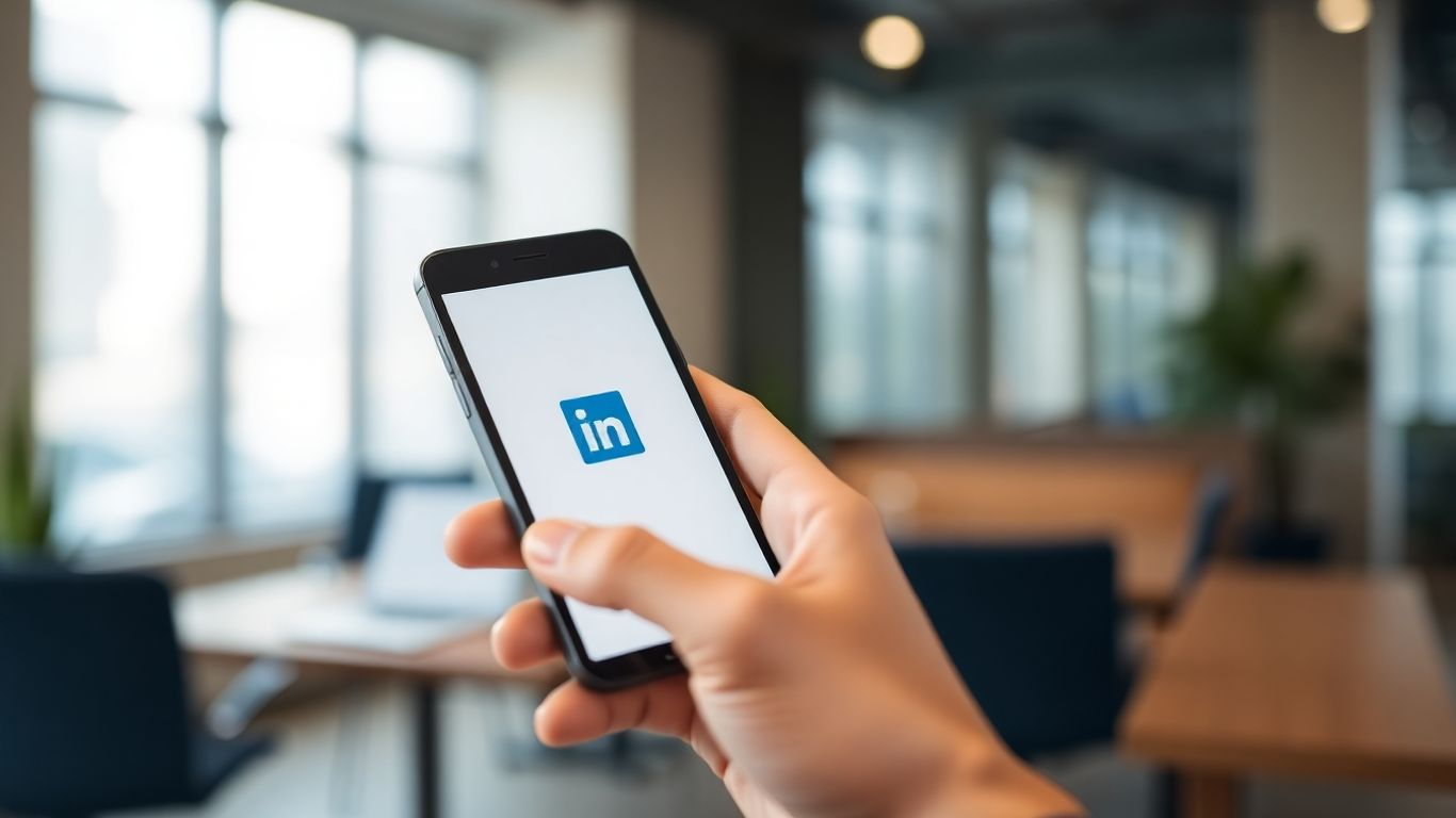 LinkedIn app on a smartphone with a blurred office background.
