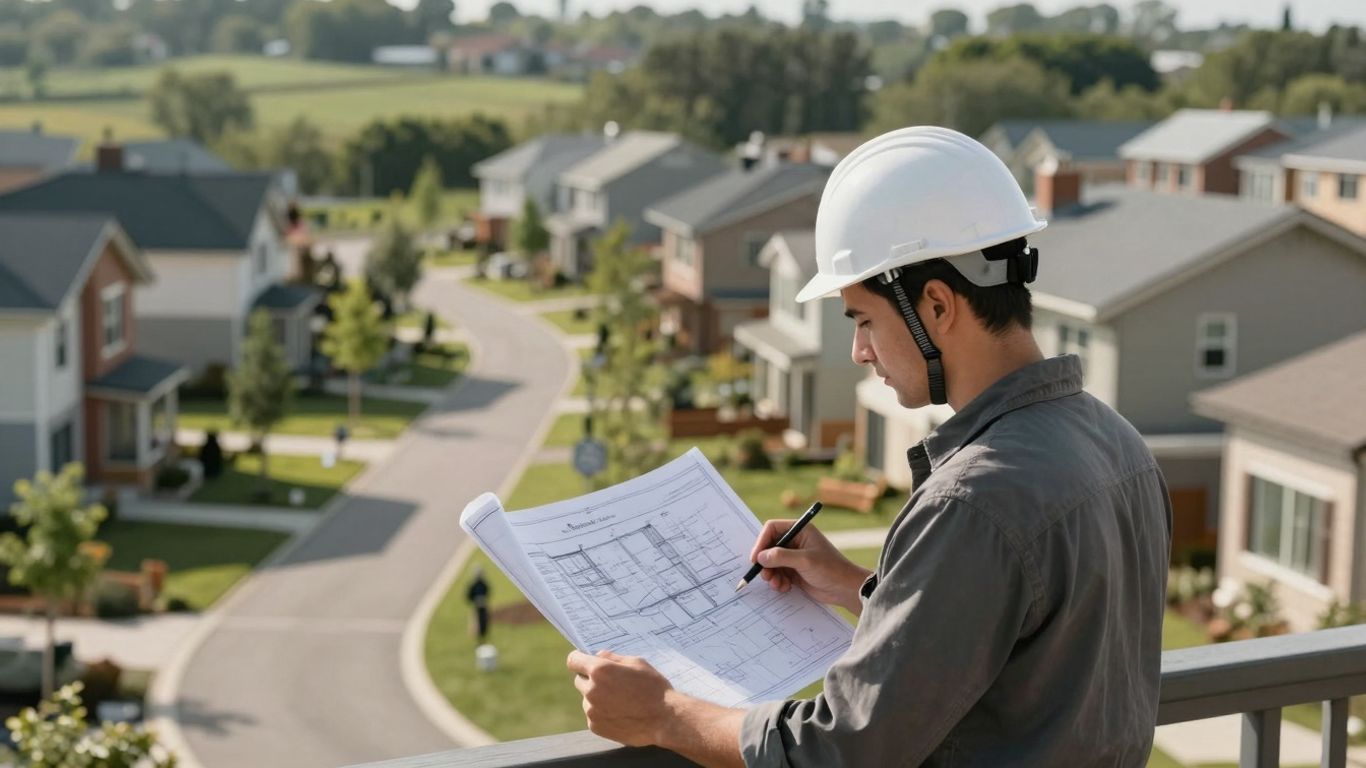 Builder reviewing plans with community and land development.