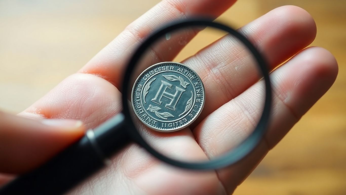 Hand examining a coin with a magnifying glass.