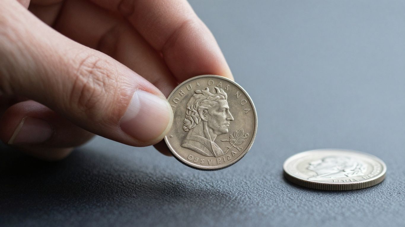 Main d'une personne tenant une pièce d'argent brillante.