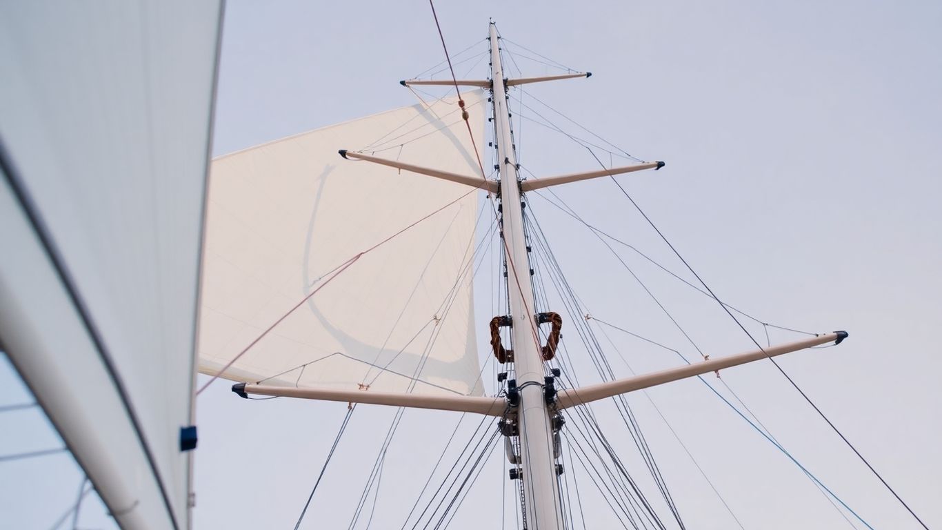 Yacht rigging and sails against a clear sky.