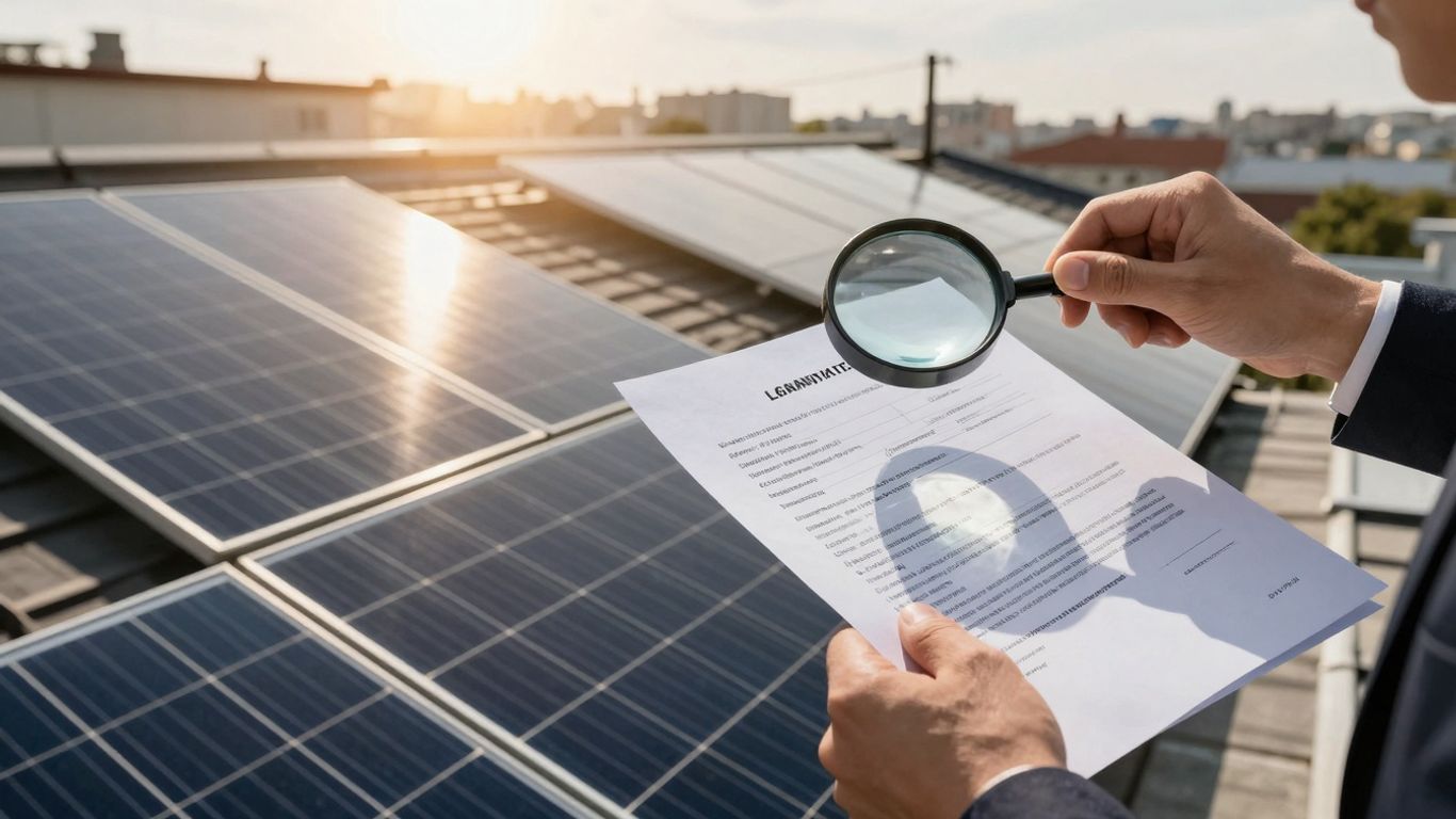 Solar Panels On A Roof With A Magnifying Glass Over A Loan.