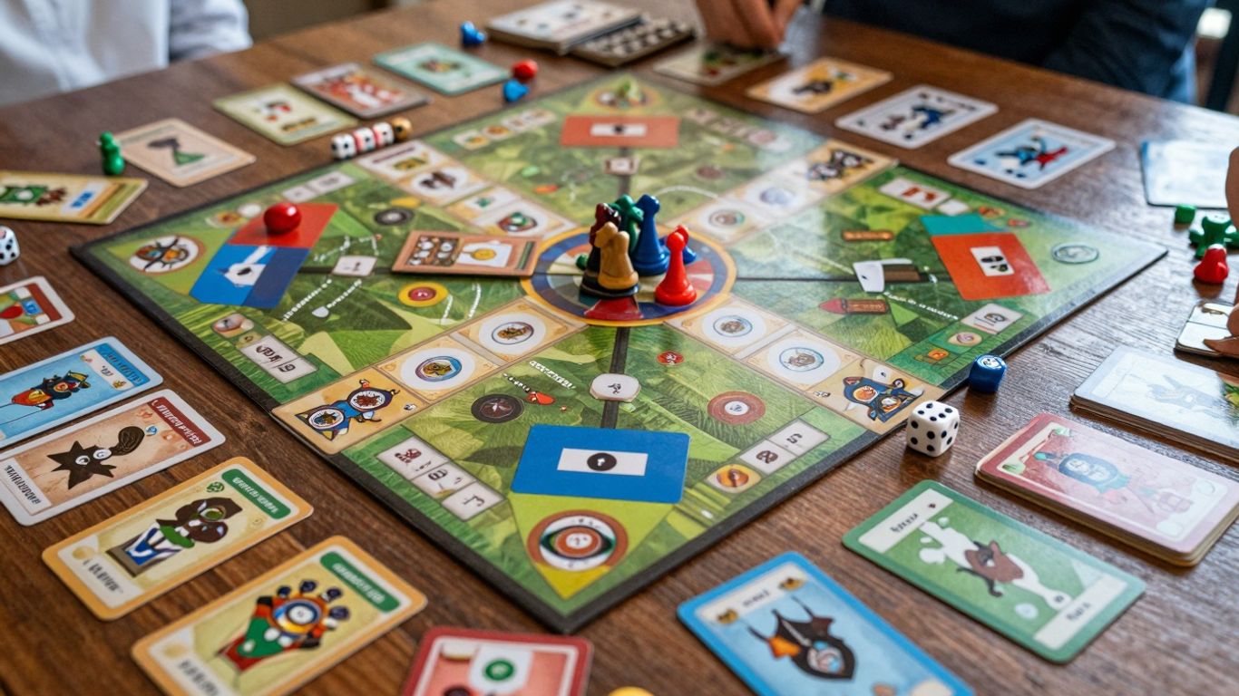 Colorful board games and pieces on a wooden table.