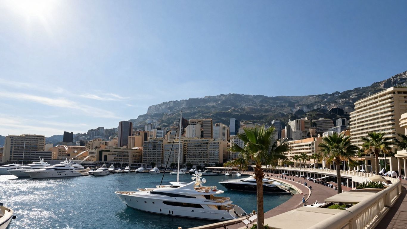 Luksusowe jachty w porcie Monako, błękitne morze i eleganckie budynki.