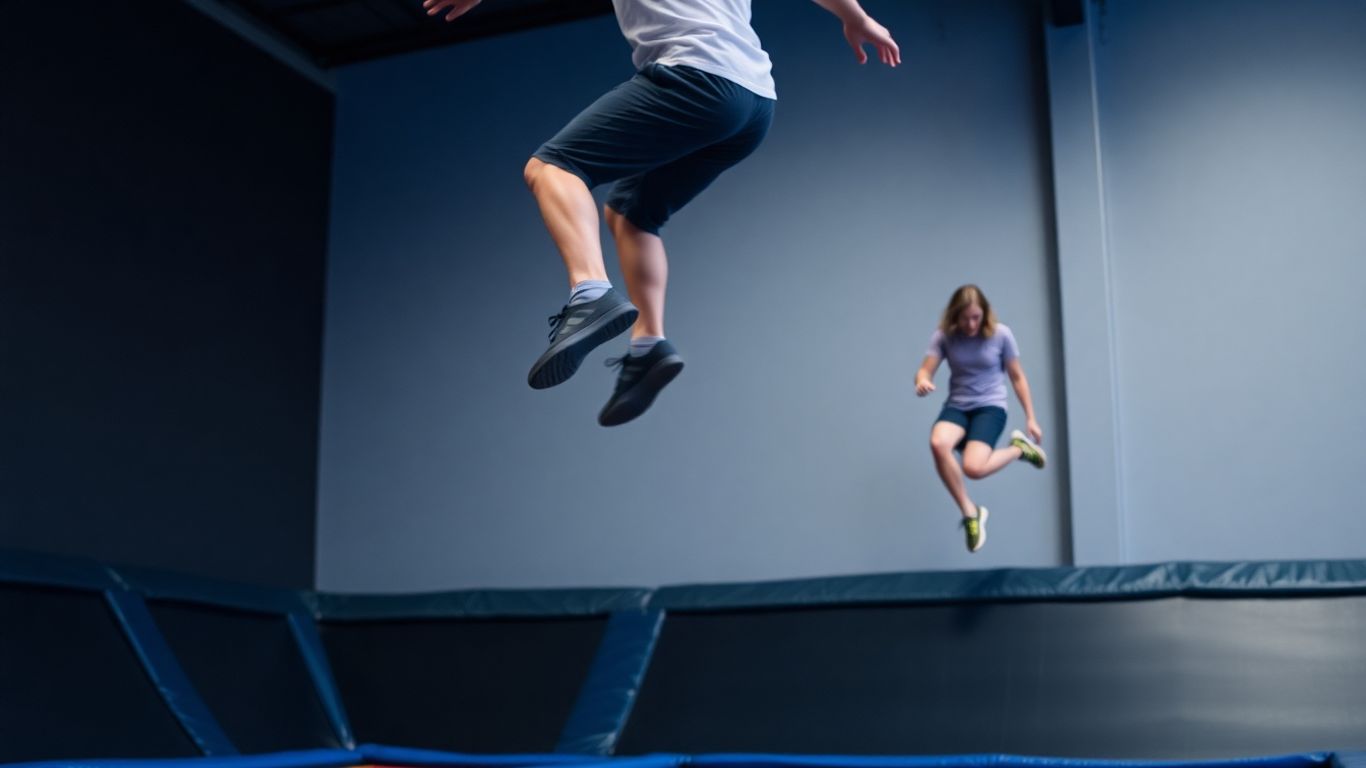 Person jumping high on a trampoline.