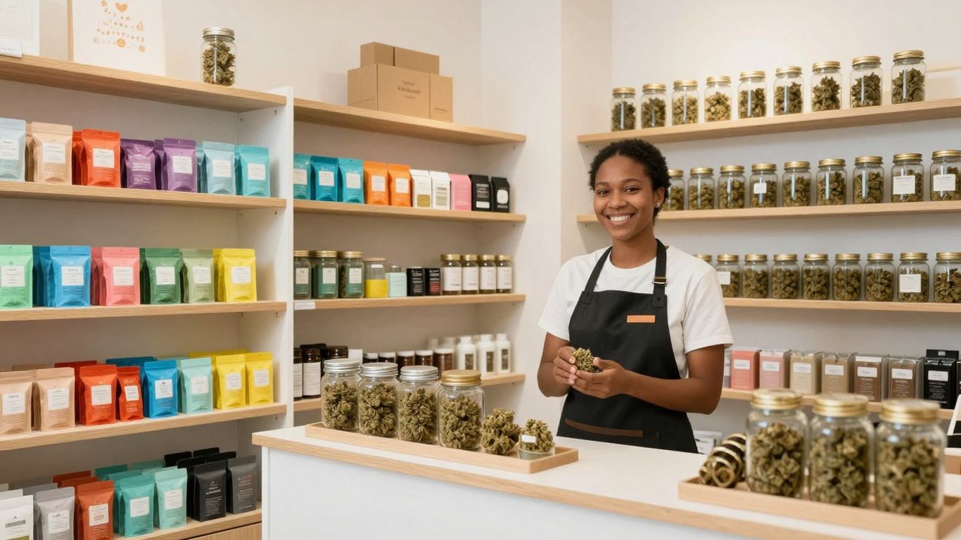 Modern dispensary interior with cannabis products and friendly budtender.