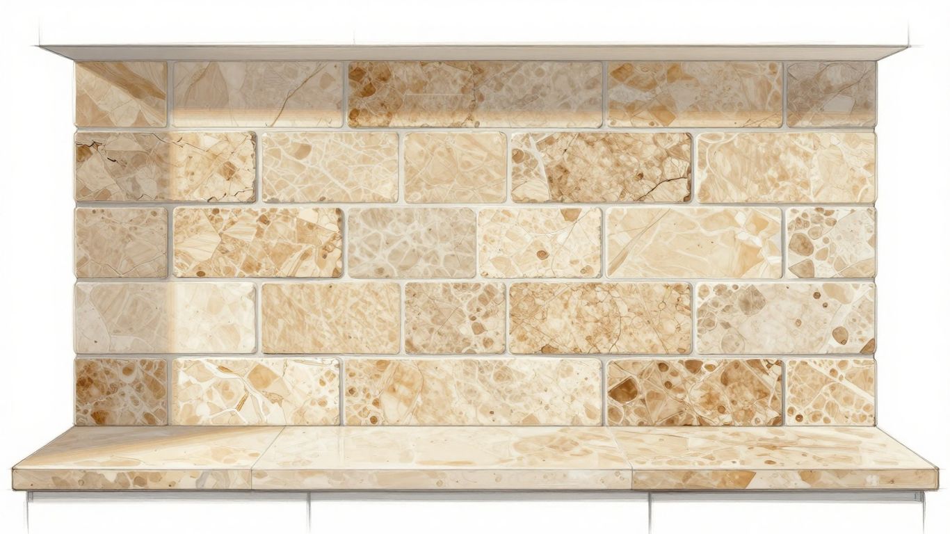 Travertine backsplash sketch showing natural stone veining.