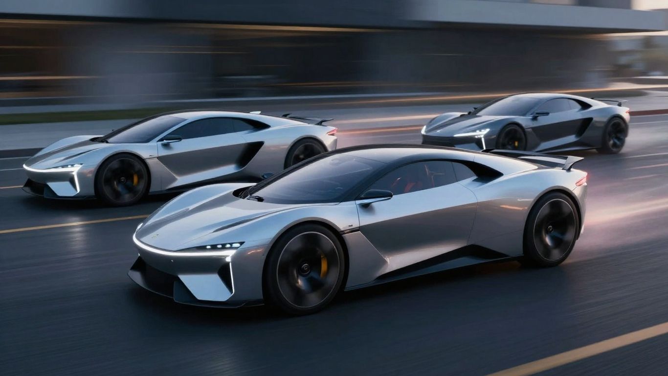 Futuristic electric cars accelerating rapidly on a road.