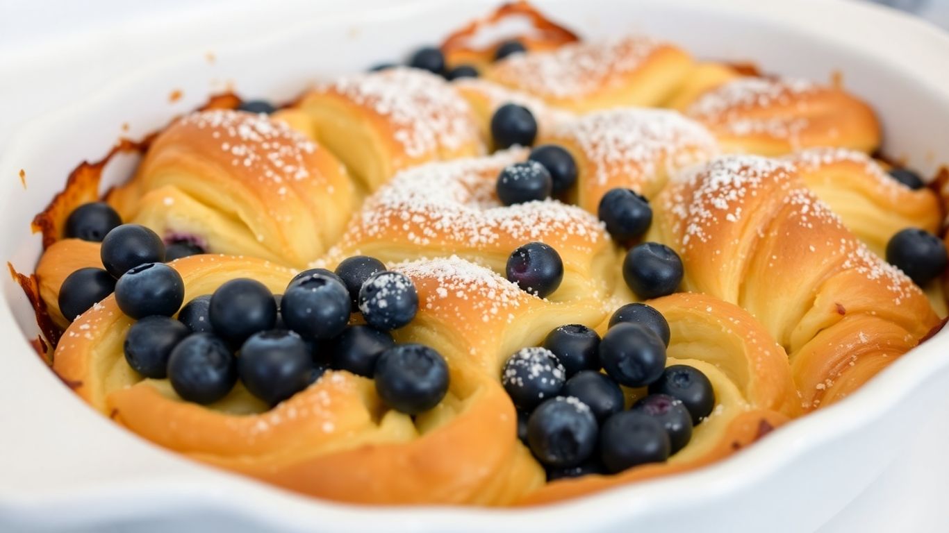 Blueberry croissant casserole in a white baking dish