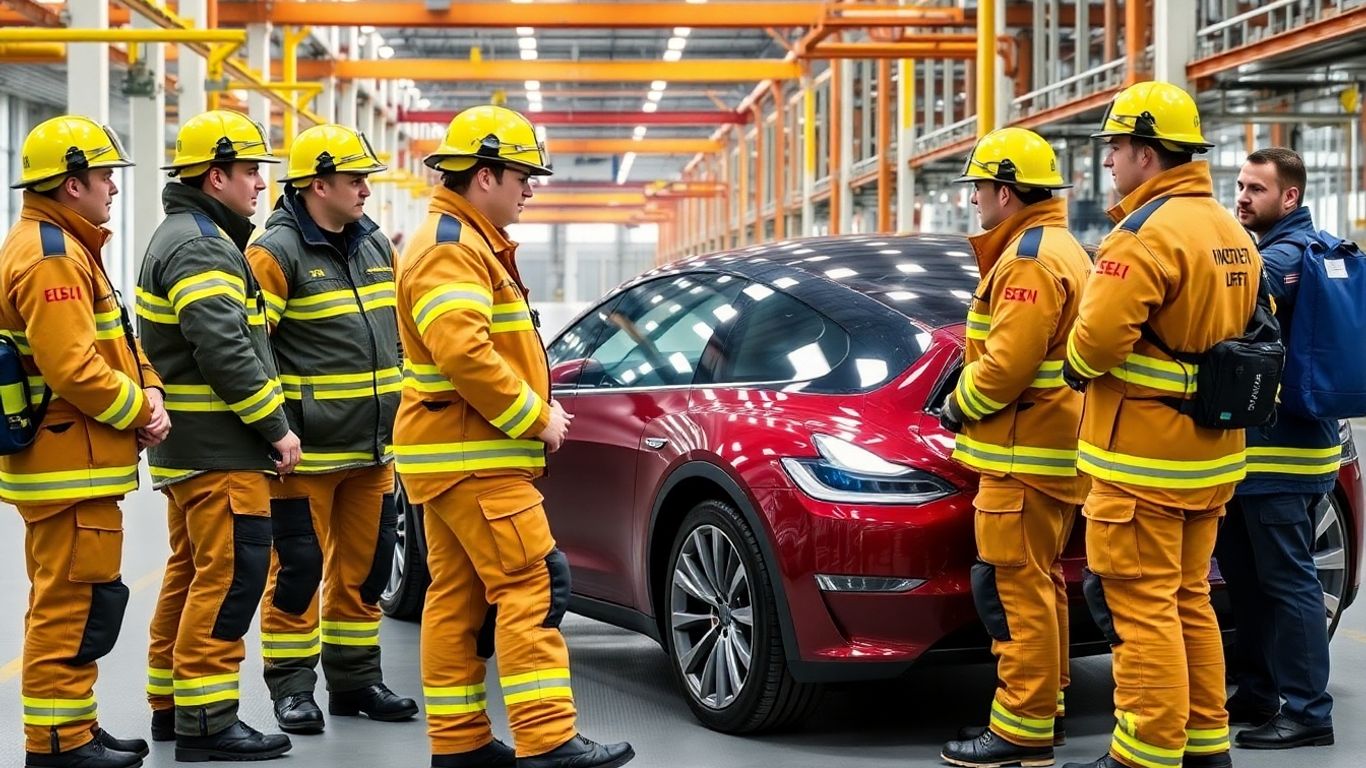 Firefighters training with Tesla EV at Gigafactory Berlin