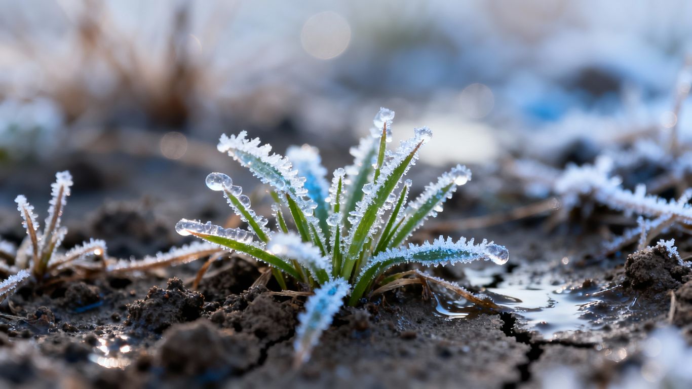 Winter weeds growing through frosty soil in a garden.