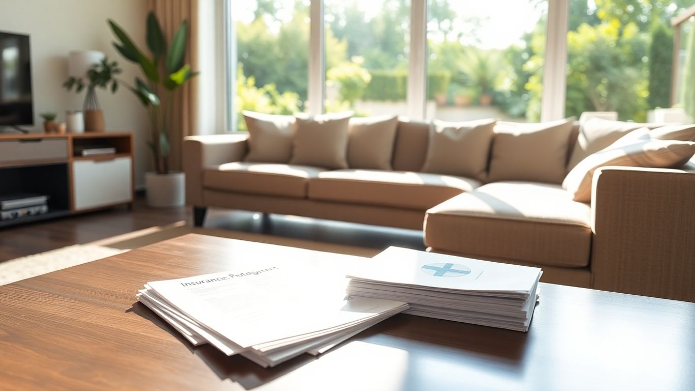 Sala de estar luminosa con documentos de seguro en mesa.