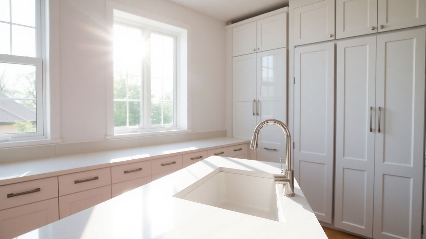 Modern kitchen remodel with new cabinets and countertops.