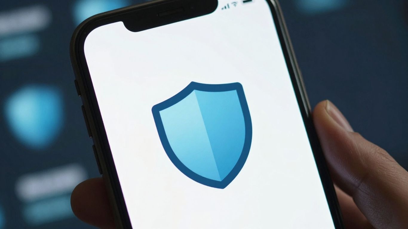 Smartphone with security shield icon protecting against threats.