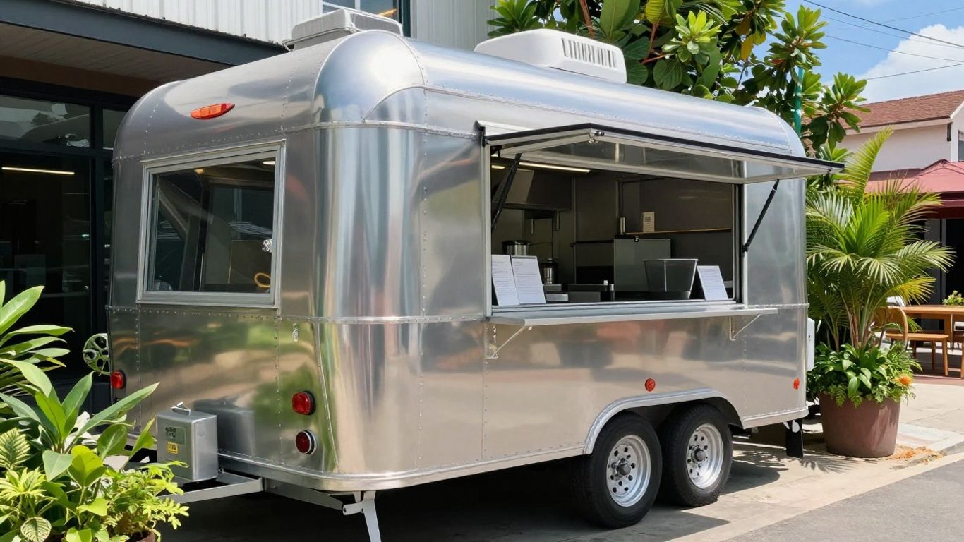 Small food trailer on a sunny street.