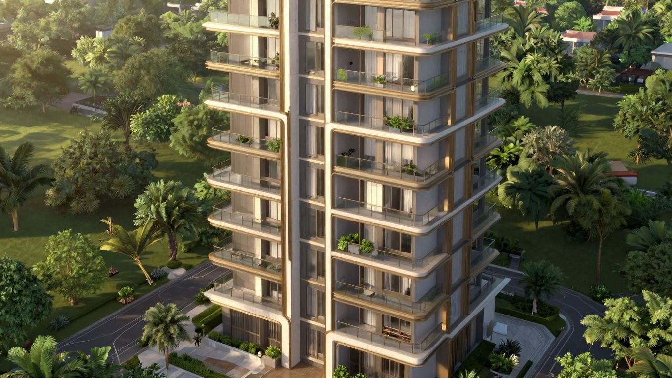 Luxury residential tower with balconies and green surroundings.
