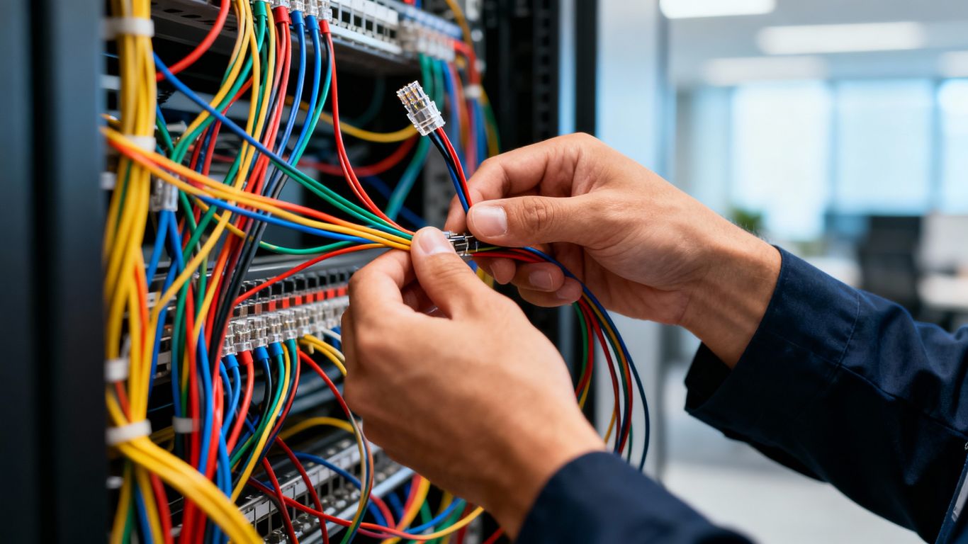 Technician installing network cables in an office.