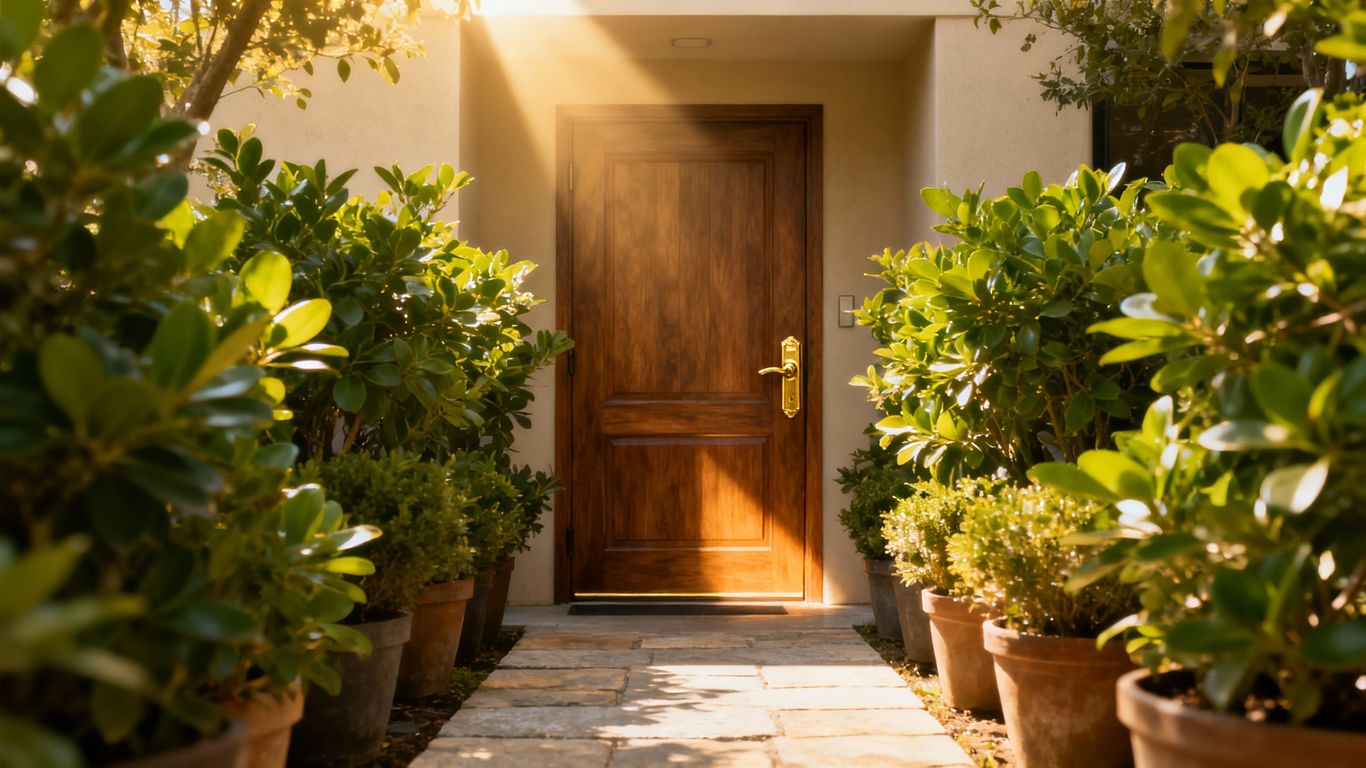 Service entrance with plants and a welcoming pathway.