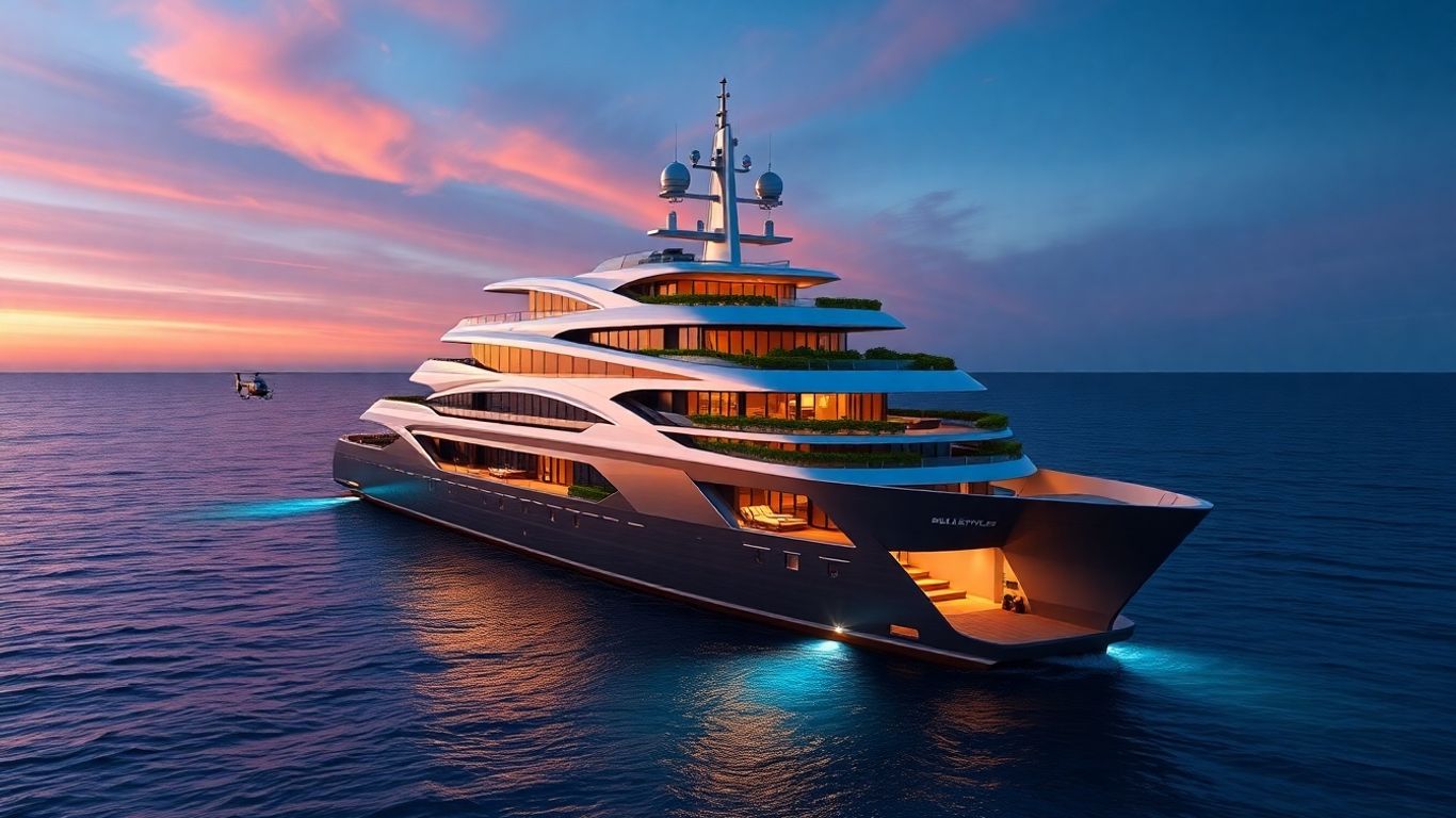 Modern 400-foot luxury yacht at sunset on open sea