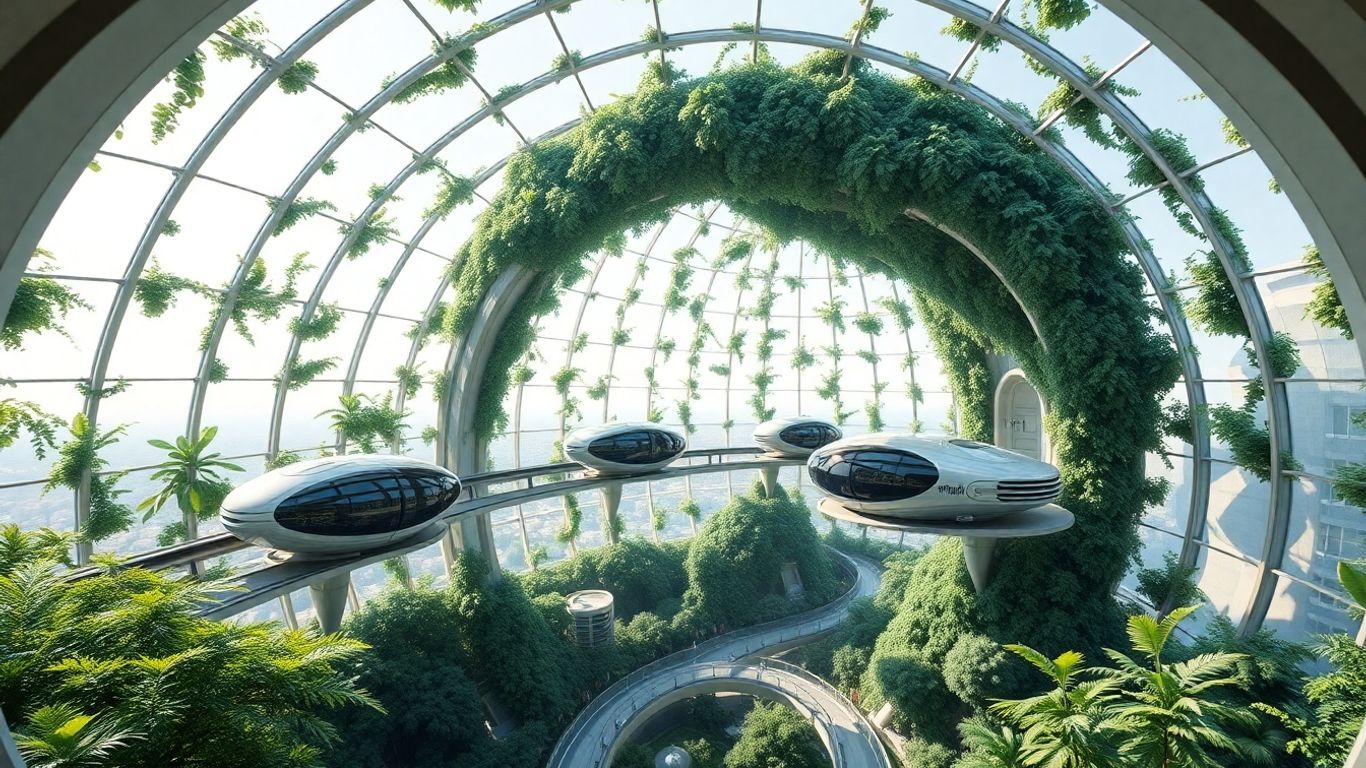 Oraș sferic futurist cu grădini verticale și vehicule autonome.