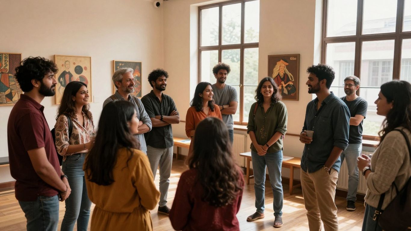 Oameni interacționând într-un spațiu cultural luminos.