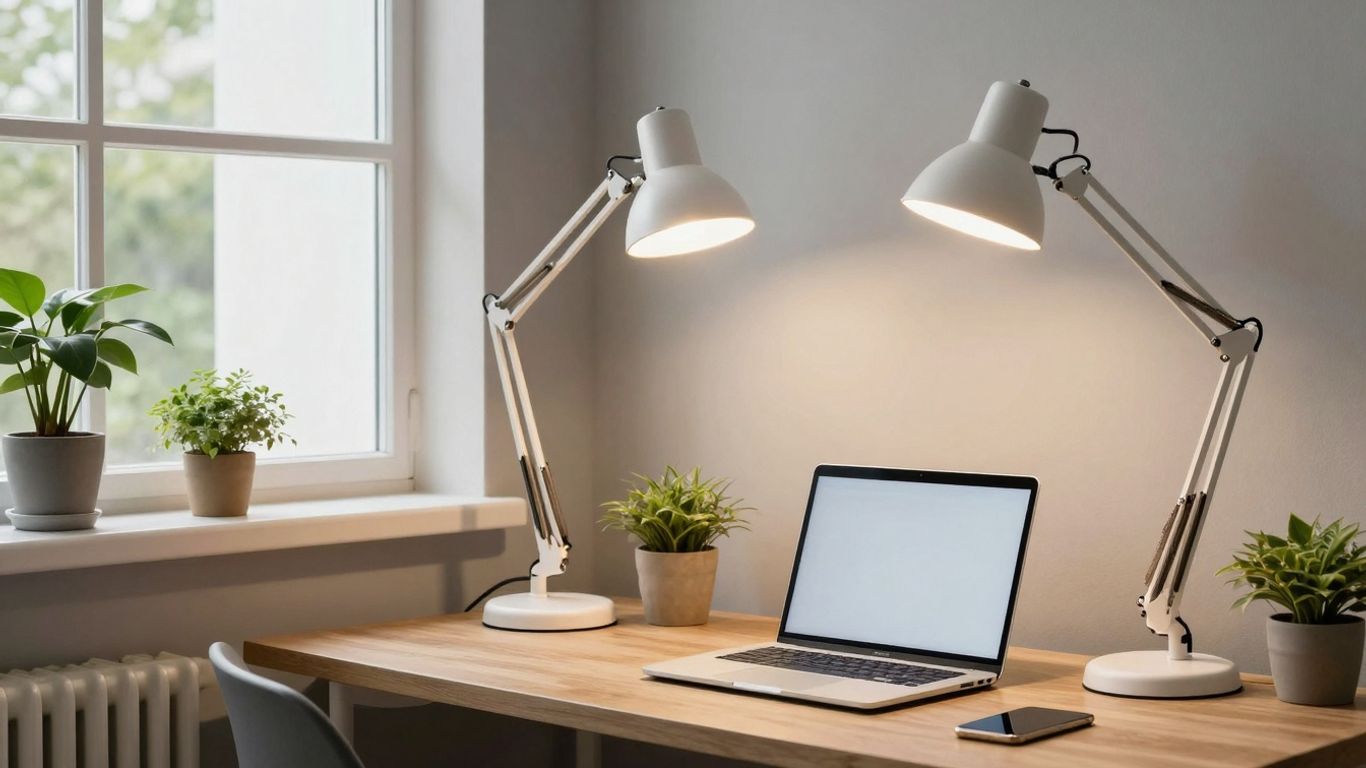 Home office with bright LED lighting and natural light.