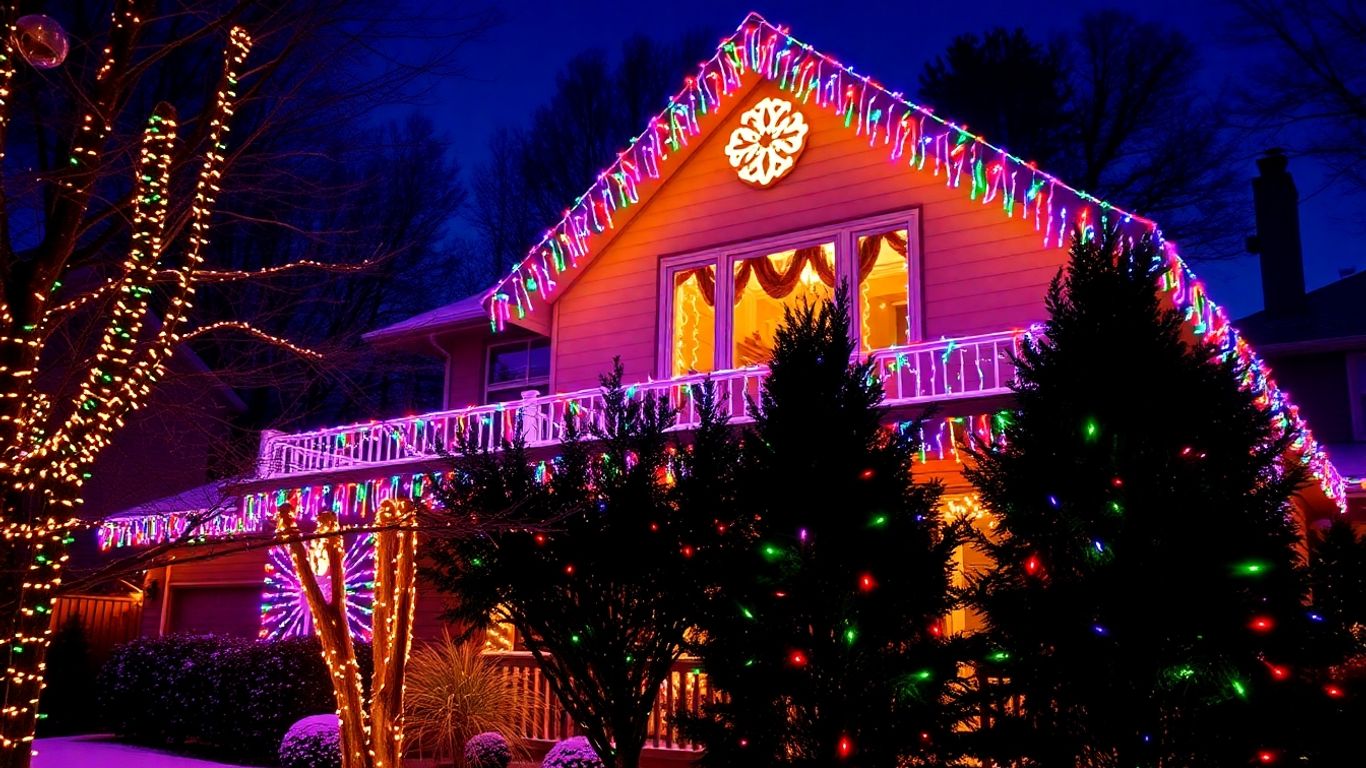 House decorated with colorful Christmas lights at night.