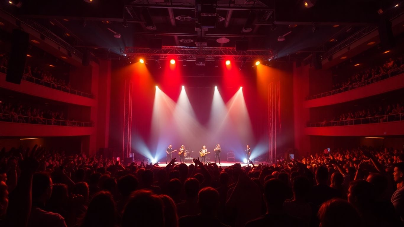 Concert hall with cheering crowd and illuminated stage.