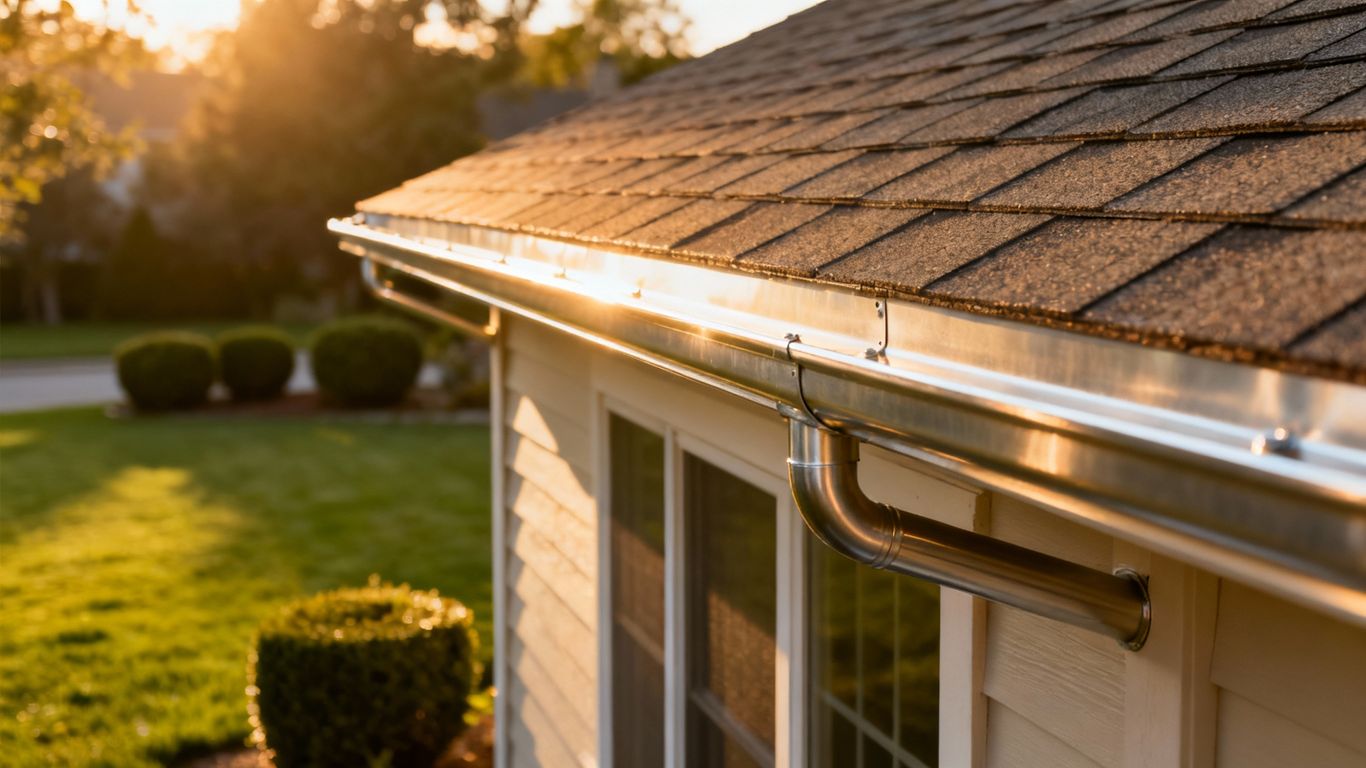 Newly installed gutters on a house exterior.