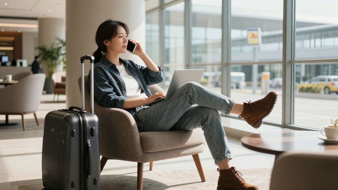 Traveler relaxing in a hotel lobby with suitcase.