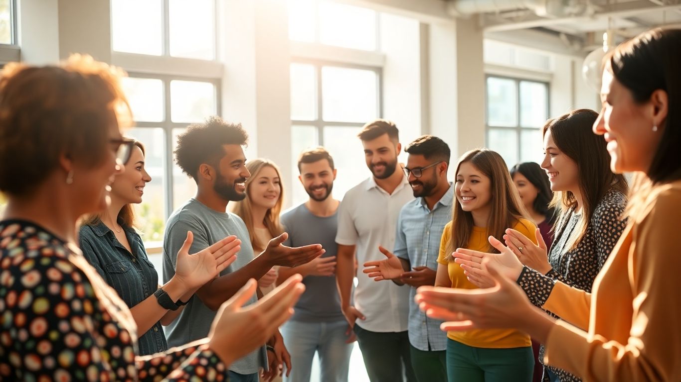 Public engagement innovation. People collaborating and discussing in a bright, modern space.