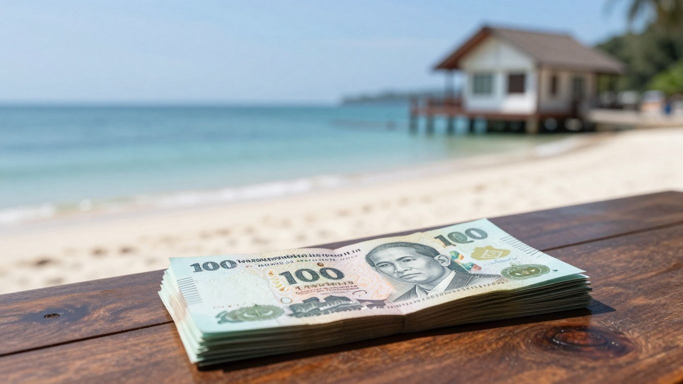 Phuket beach with money and house, financial planning.