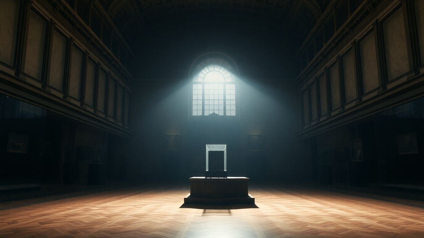 Musée du Louvre avec des vitrines vides et des ombres.