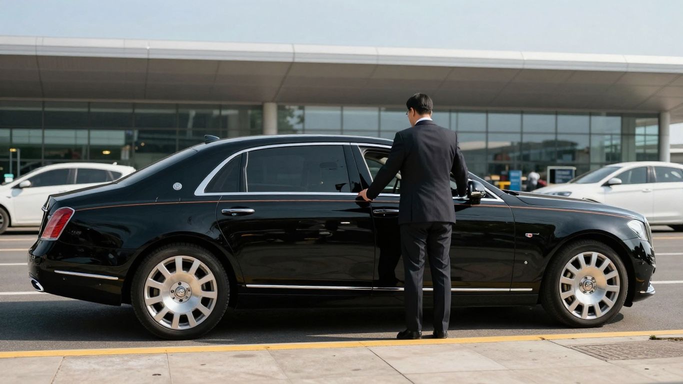 Luxury sedan and chauffeur at airport arrivals.