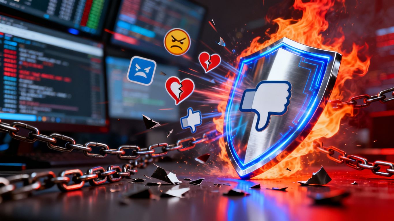 Social media crisis management shield deflecting negative icons.