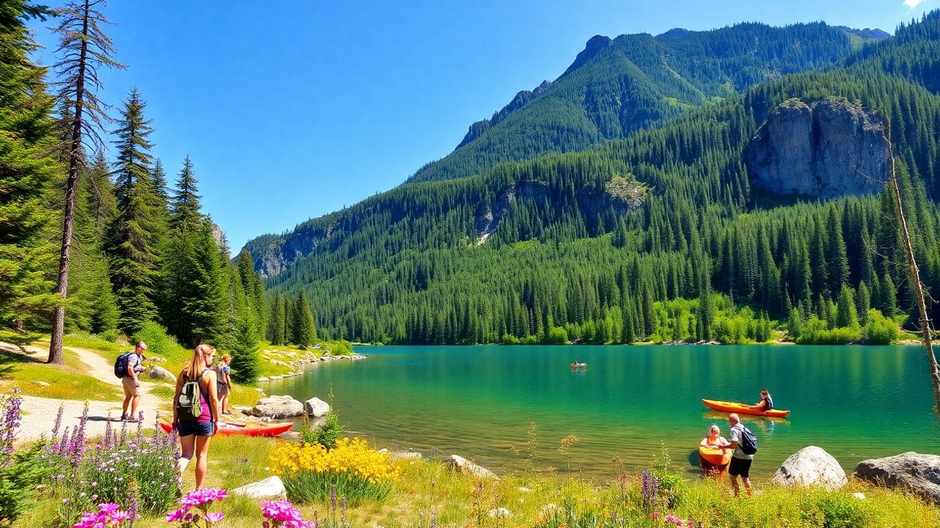 Peisaj natural cu păduri, lac, drumeți și caiace.