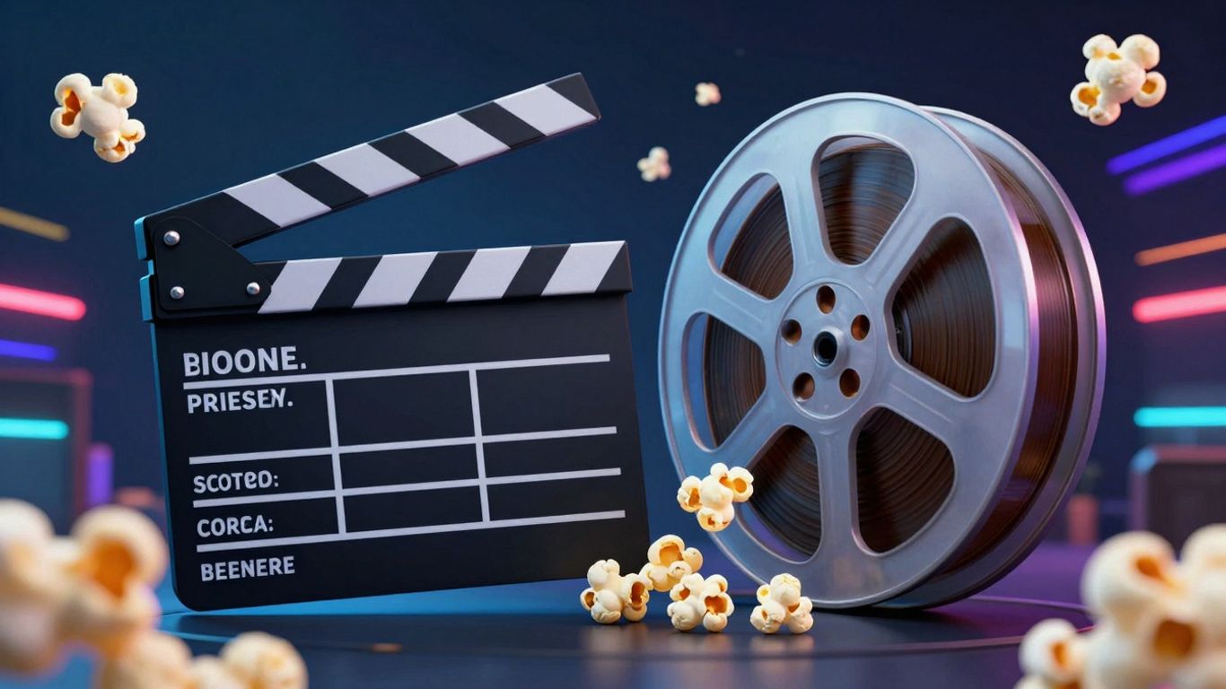 Trending movie news with popcorn and clapperboard.