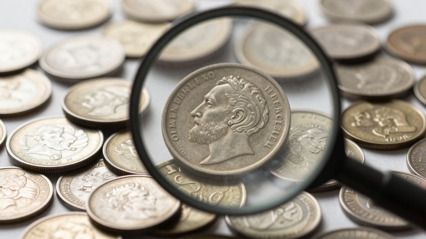 Magnifying glass over valuable coins, revealing intricate details.