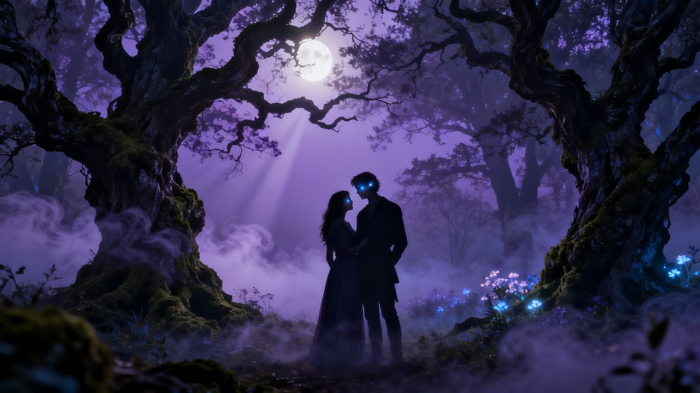 Couple in mystical forest, supernatural romance theme.