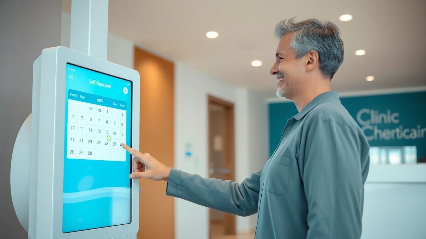 Patient using a digital kiosk to book a clinic appointment.