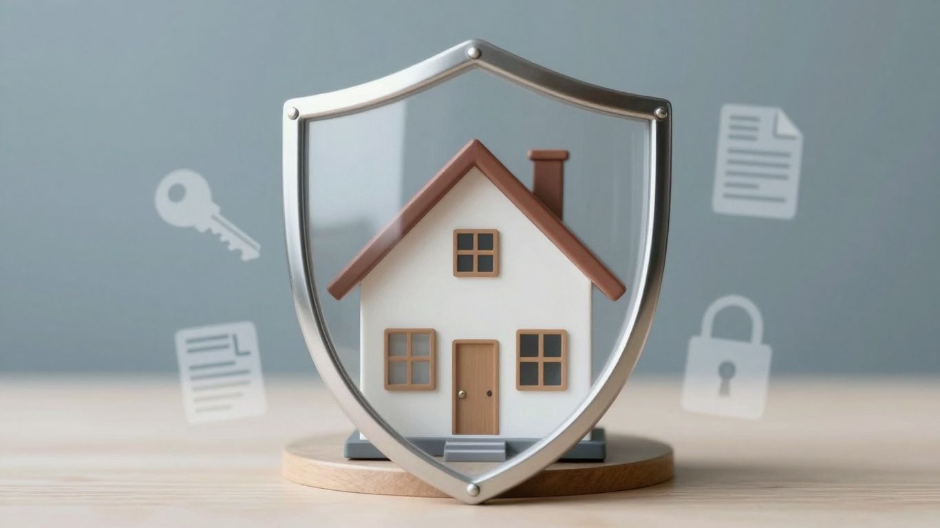 Casa protegida con escudo de seguro y elementos de seguridad.
