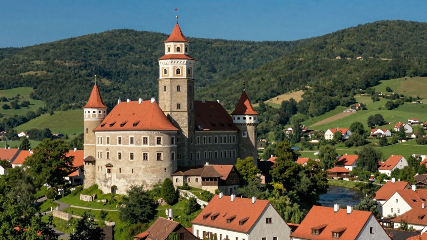 Zamek na tle zielonych wzgórz i błękitnego nieba.