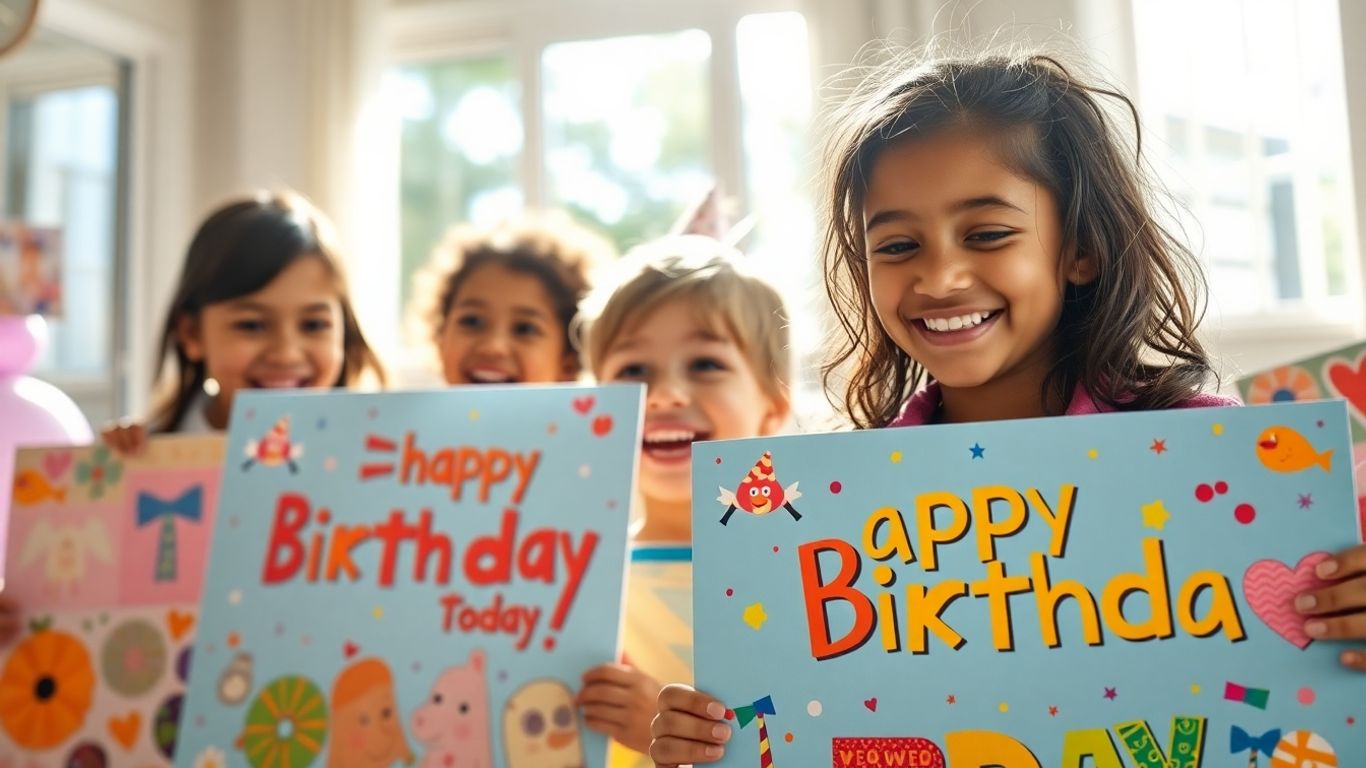 Children happily holding personalized birthday posters.