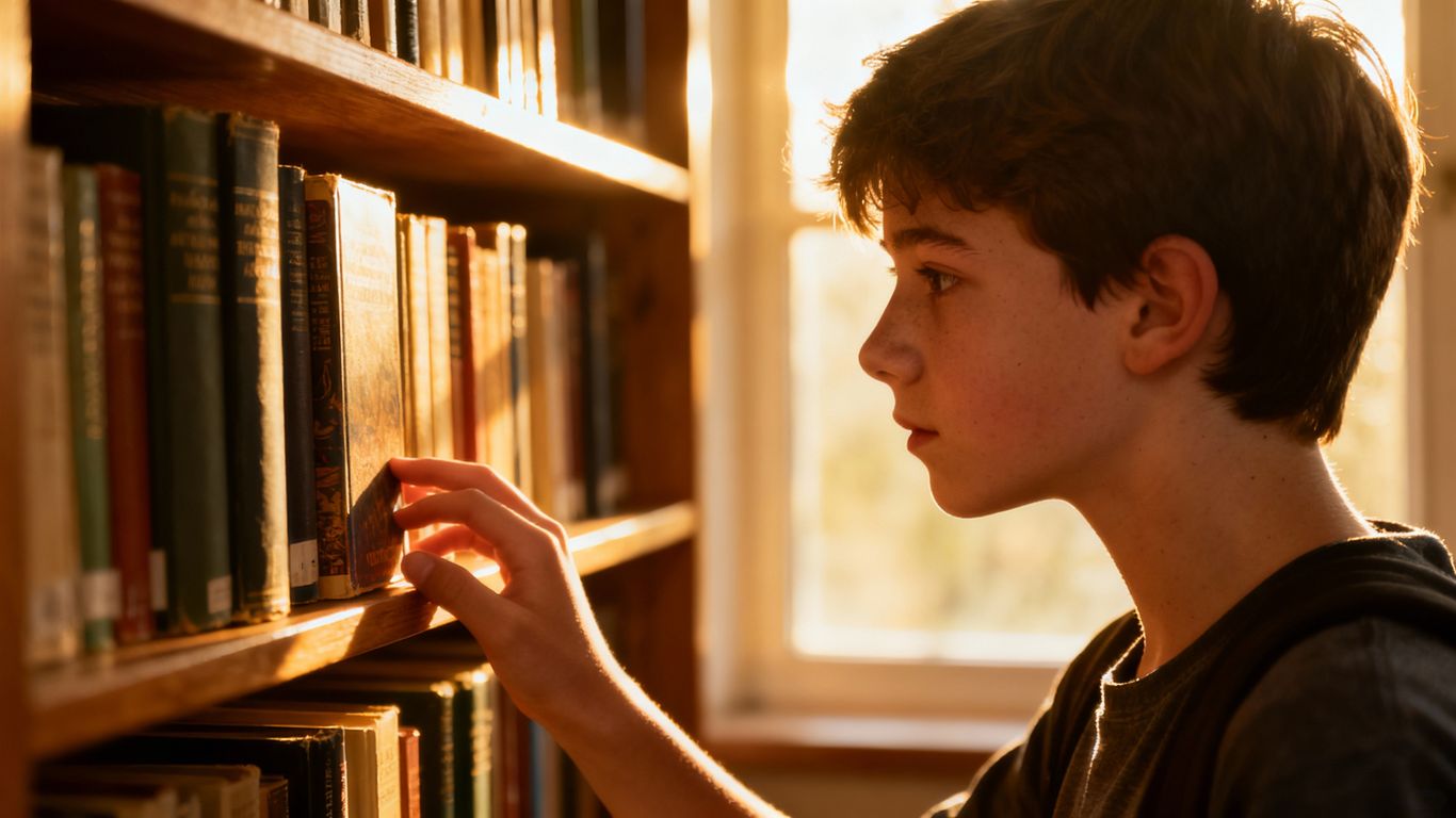Teenager choosing a book from a bookshelf.