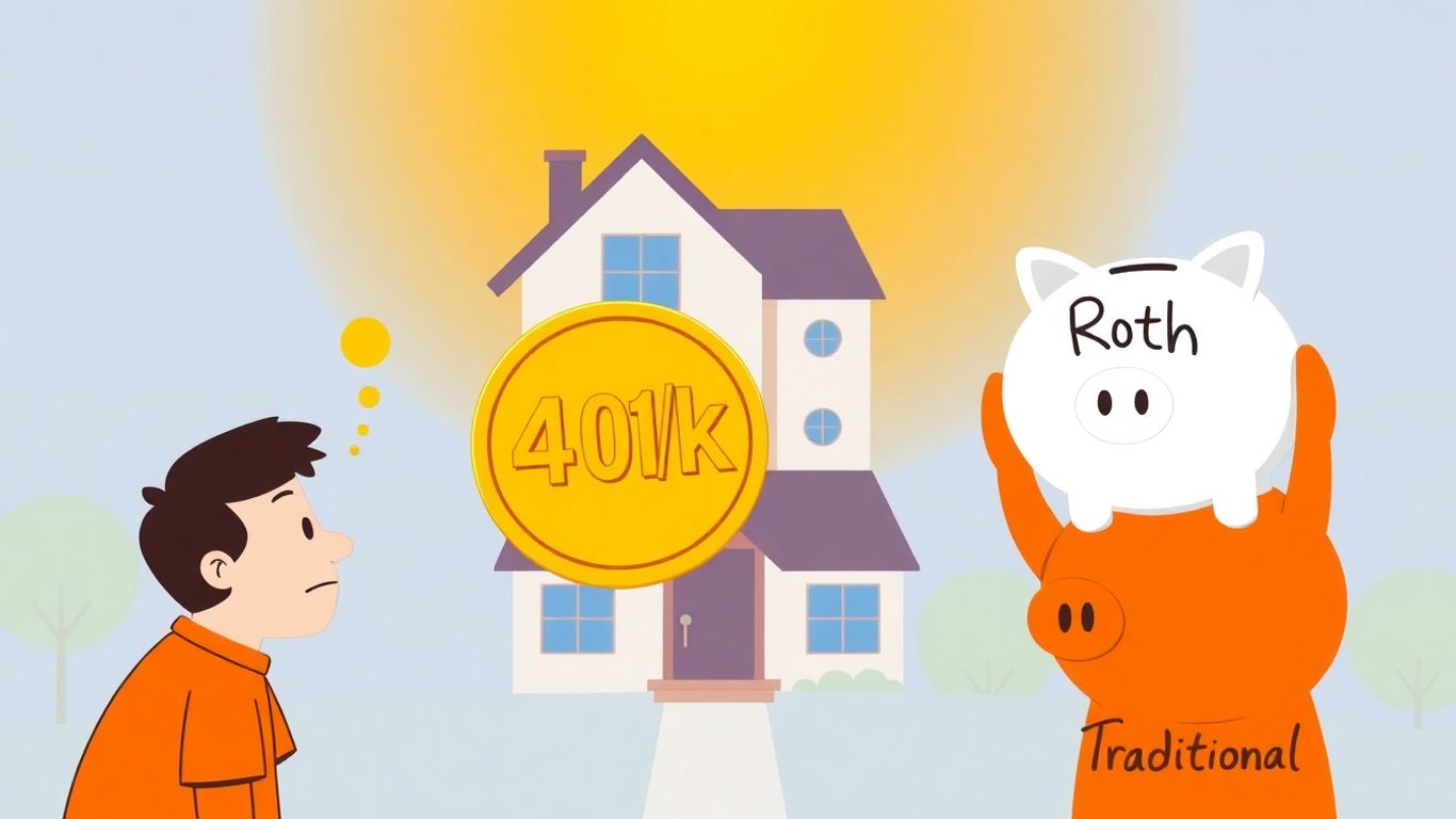 Cartoon character choosing between 401(k) options for a house.