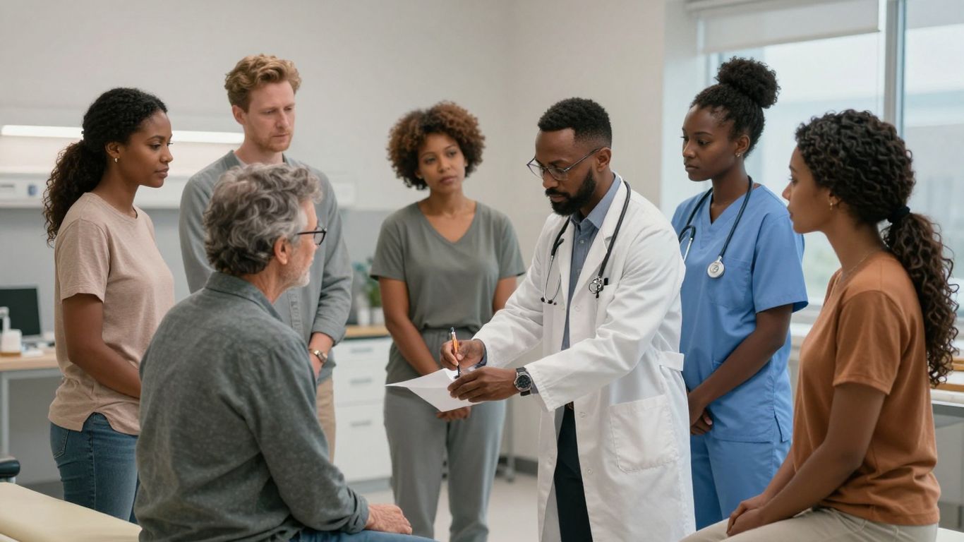 People receiving medical care and assistance from healthcare professionals.