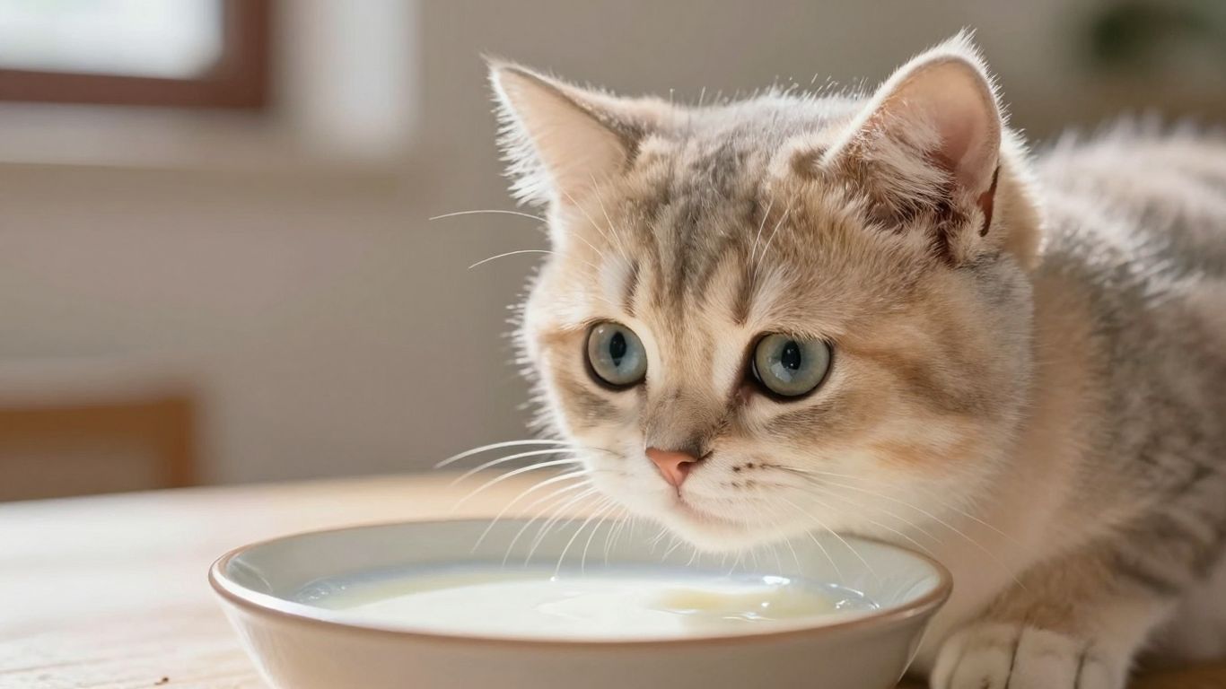 Kitten looking at a bowl of milk.