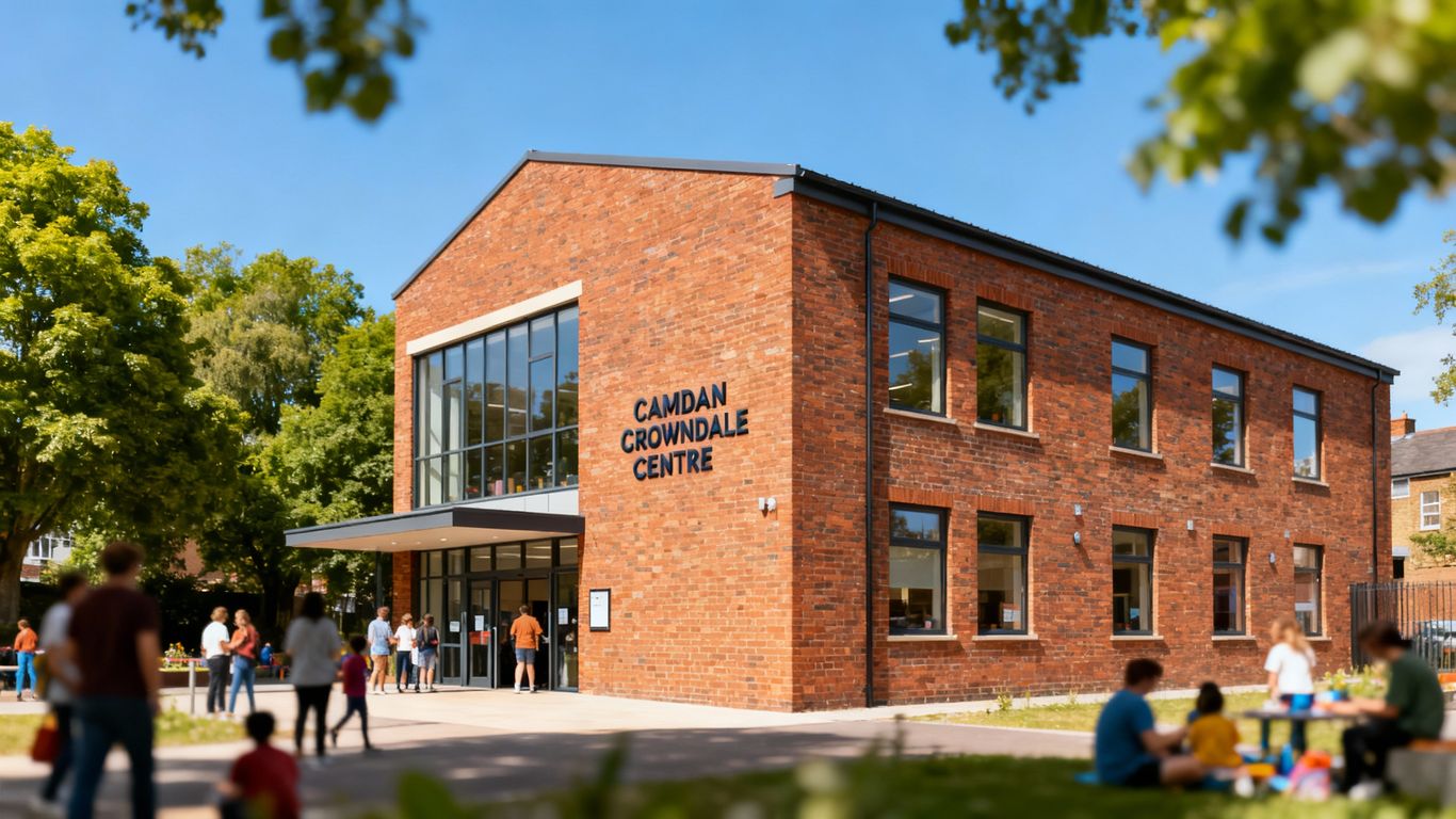 Camden Crowndale Centre building exterior with trees and sky.