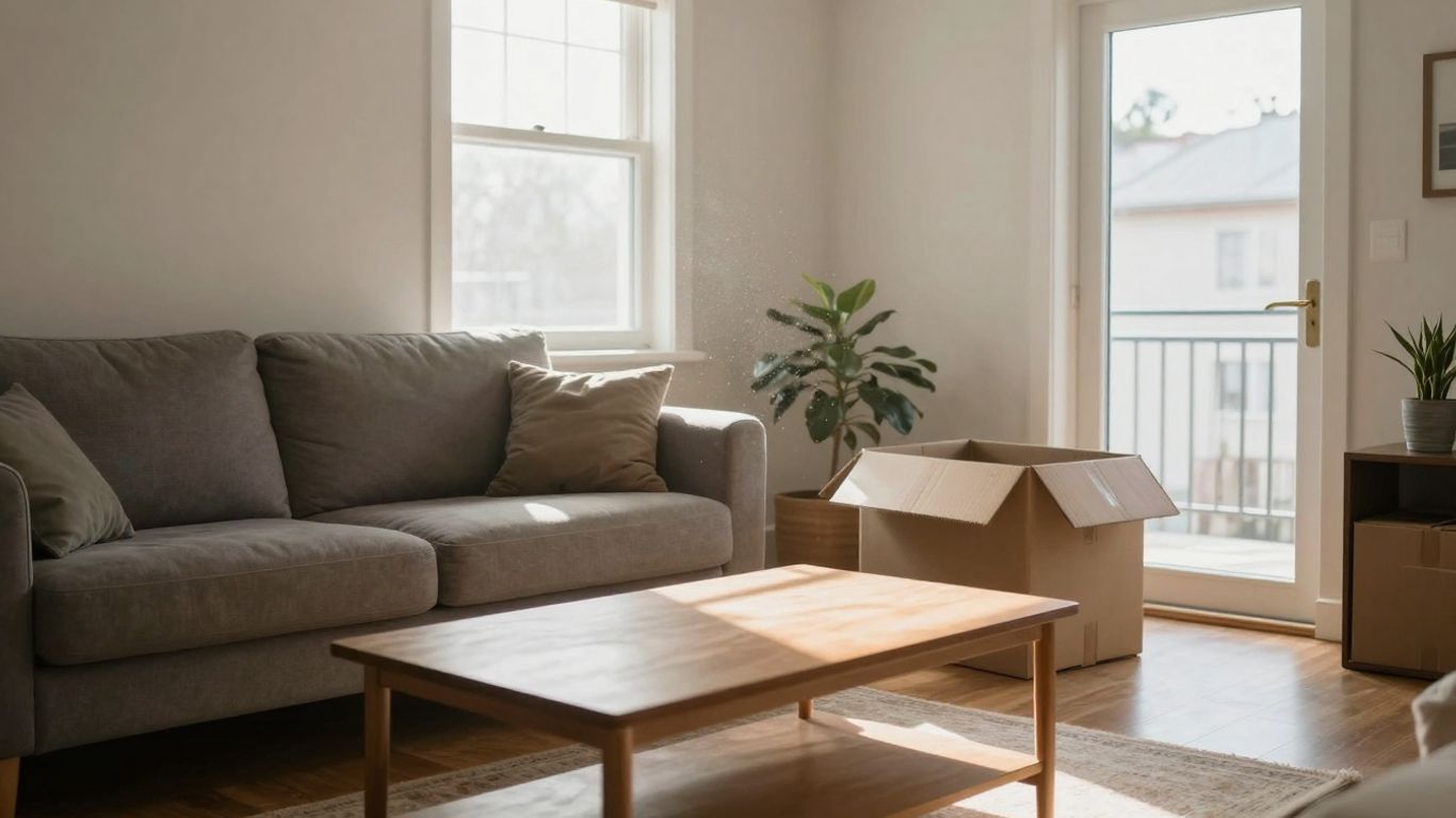 Sala de estar acogedora con caja de mudanza parcial.