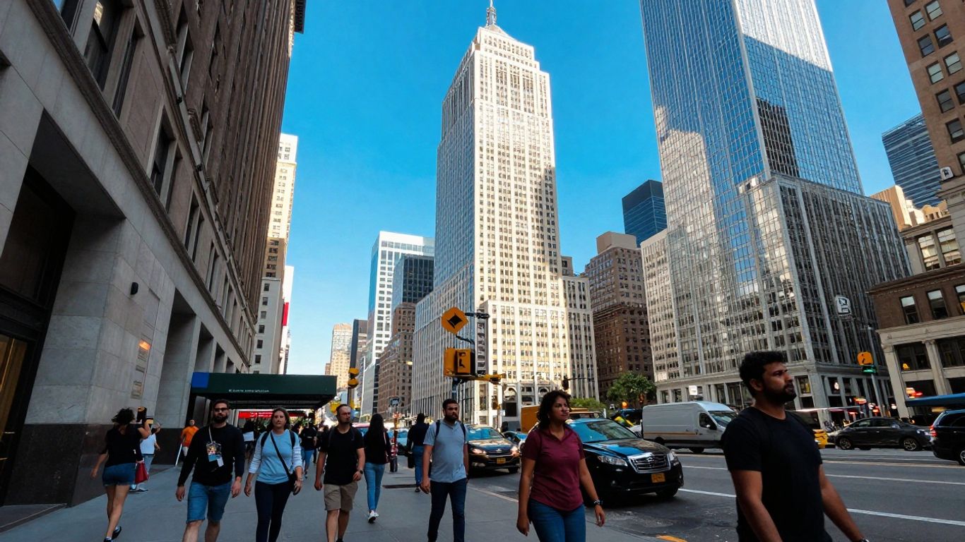 New York City skyline and street with people.
